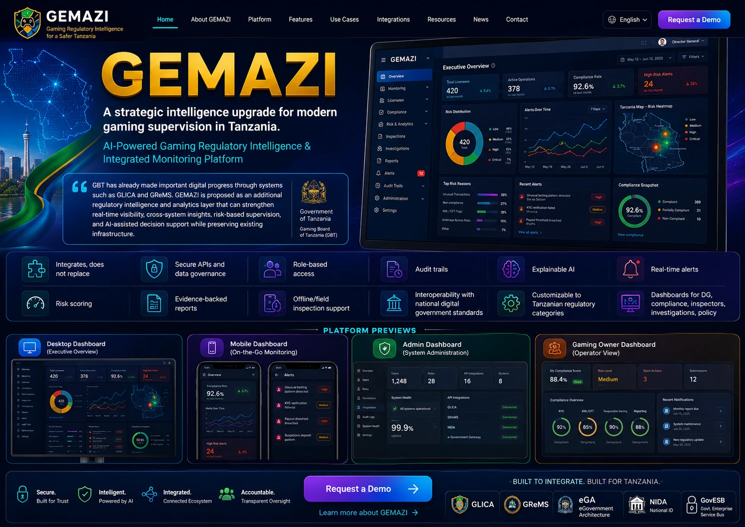 GEMAZI landing page and regulatory dashboard concept